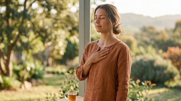 Woman standing with eyes closed and hand over heart, reflecting on God's love